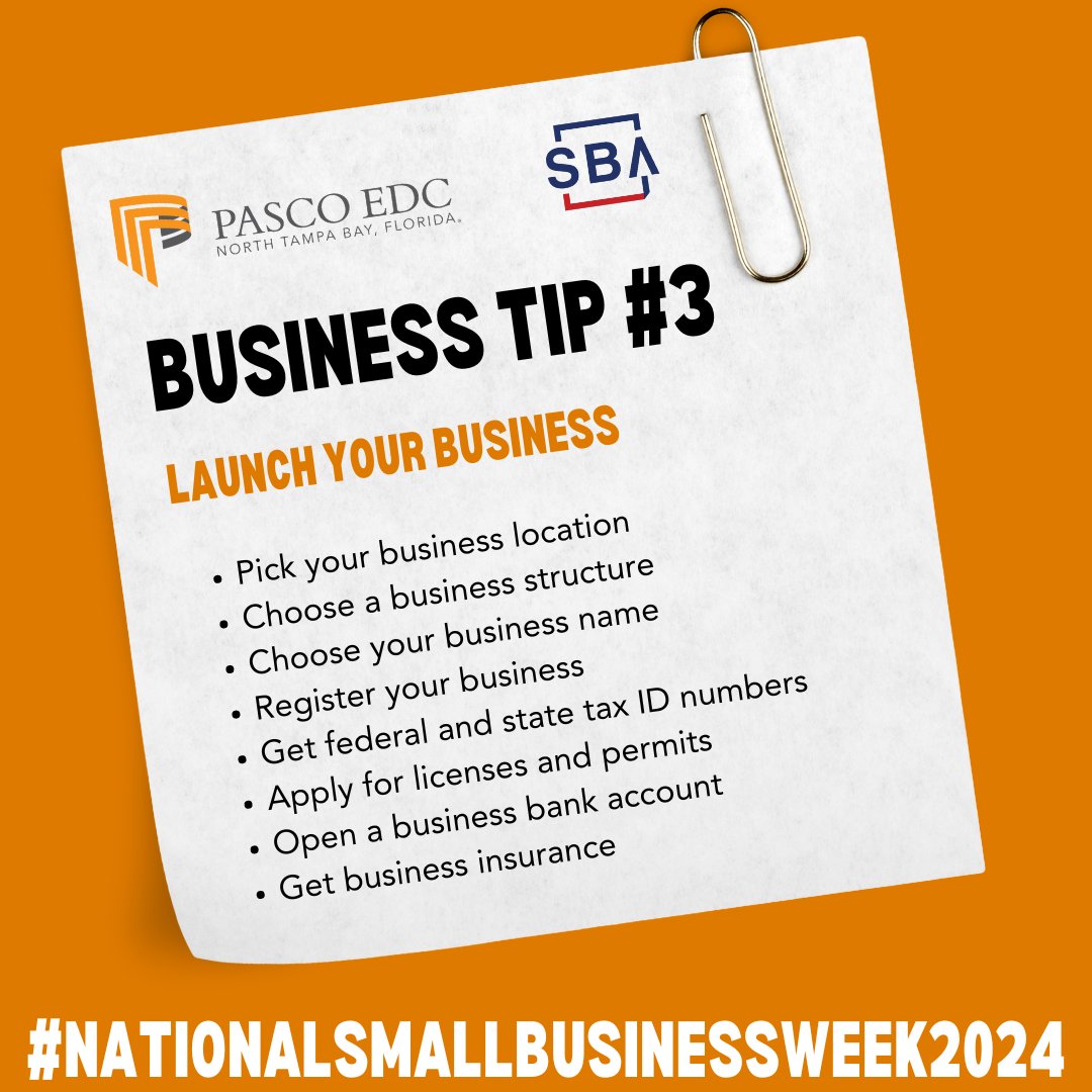 Business Tip #3: Resources to LAUNCH your business. See available resources at @sbagov (hubs.ly/Q02vm-v70) and local business resources right here in Pasco County at @smartstartPasco (hubs.ly/Q02vn1yC0). #NationalSmallBusinessWeek2024 #PascoProud