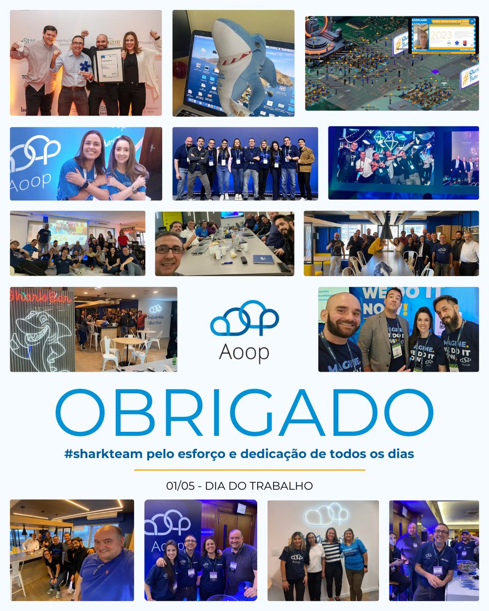 Gratidão ao #sharkteam da Aoop pelo comprometimento e esforço que nos tornaram líderes em transformação digital no Brasil. Parabéns a todos os profissionais pelo #diadotrabalho. Obrigado, Aoopers! #aoop #temqueserfeliz #vemseraooper