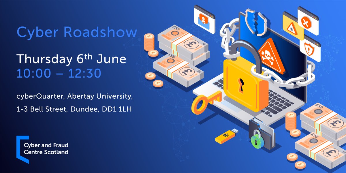 📣 The Cyber and Fraud Centre is hosting a #cybersecurity roadshow in #𝗗𝘂𝗻𝗱𝗲𝗲! Join us to explore critical cyber topics for your organisation and network with peers in the Public and Third Sectors.

📍 <a href="/AbertayCQ/">Abertay cyberQuarter</a> 
🗓️ Thursday 6th June, 09:30-12:30
🔗 tinyurl.com/447nndya