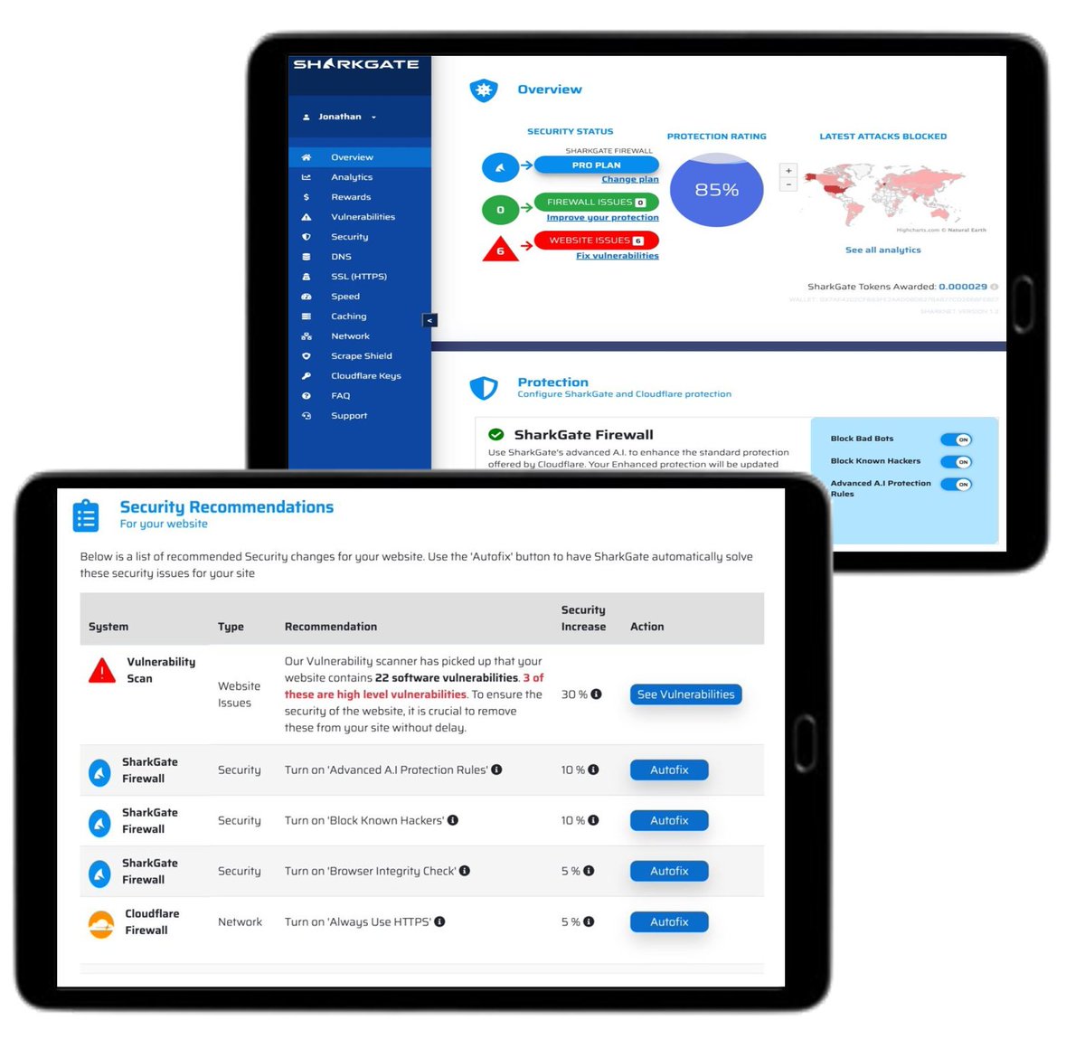 🦈 👀 Watch your hacker website protection in action - in real time! Only with @SharkGateSecure's dashboard. We are proud of our cloud-based firewall protection, so every client gets access to their own dashboard which gives performance updates, recommendations and scans.