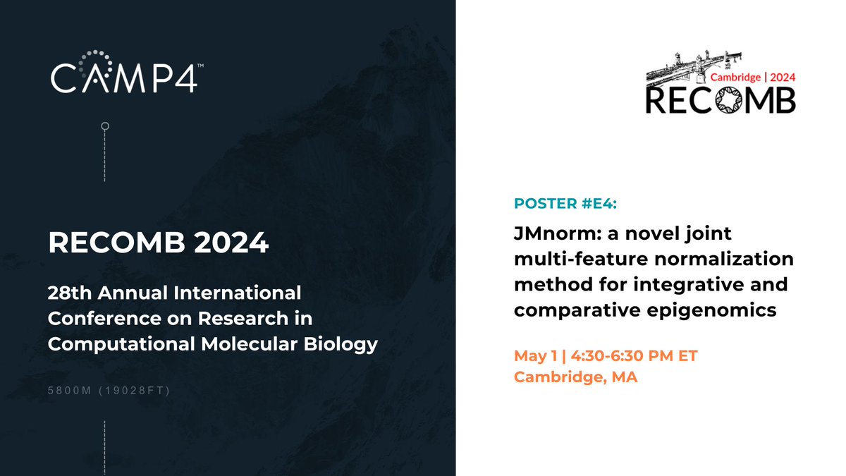 Don’t miss today’s poster session at #RECOMB2024, where CAMP4 will present on JMnorm, our proprietary computational tool that can simultaneously normalize multiple epigenomic features across datasets. 
🖥️ More on JMnorm: bit.ly/4dbFpm3 #bioinformatics 
@RECOMBconf