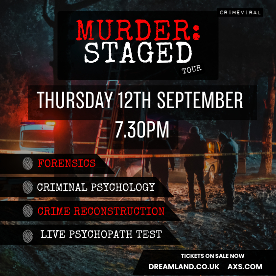 Following the success of Crime Viral’s sell out UK serial killer tour – research psychologist and psychopathy expert Cheish Merryweather will be bringing to the stage for the very first time – MURDER:STAGED 🗡️ Get your tickets here 👉 bit.ly/3VYih4i