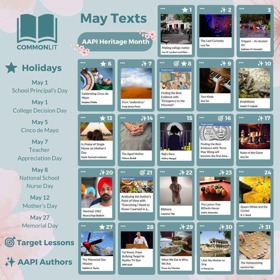 Start planning for all of May! This month’s text calendar celebrates Asian American and Pacific Islander Heritage Month and other May holidays like Mother’s Day and Memorial Day. 🌸 Start assigning these engaging lessons here: bit.ly/4ab1DlL ✏️