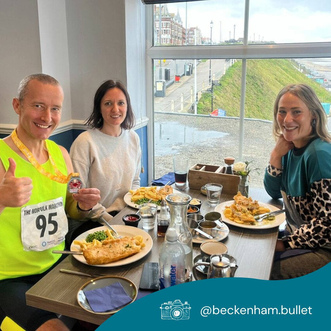 Now, this is a reward you can't resist! Congratulations to James Eves on completing the Inaugural Norfolk Marathon. An incredible achievement finished off with our award-winning food 👏 #Marathon #NorfolkMarathon #FishandChips #No1Cromer #CromerPier