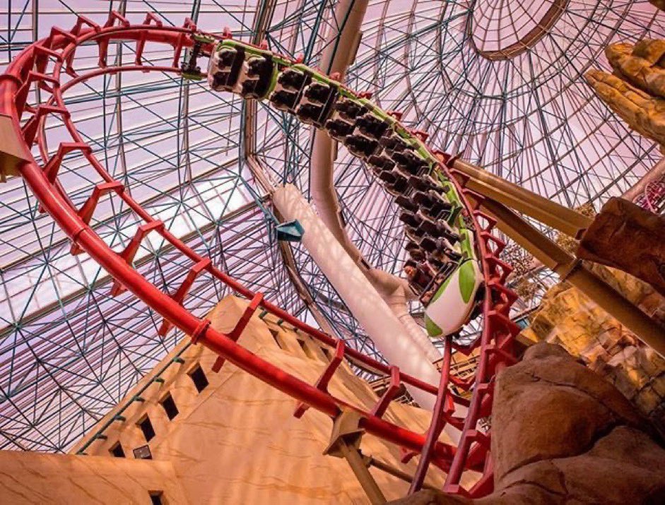 Morning! It’s May 1st! Finally got a legit ride, as we look at Canyon Blaster at the Adventuredome in Las Vegas! One of the largest indoor roller coasters in the world, this 1993 Arrow has 2 vertical loops and 2 corkscrews, with an overall height of 94ft. (📸@JackCrousePhoto)