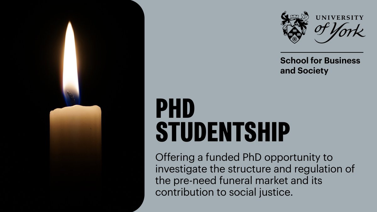 📢 Fully funded PhD studentship to produce the first comprehensive study on the development and expansion of the contemporary pre-need funeral market. Apply by 31 May 2024. Find out more: york.ac.uk/study/postgrad… #YorkResearch