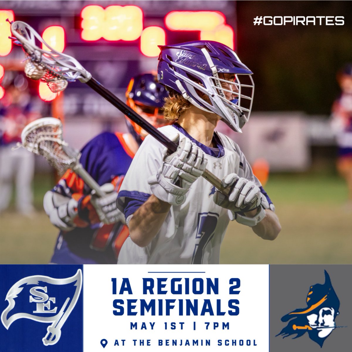 🏴‍☠️ Good luck to the SES Varsity Boys Lacrosse team as they hit the road tonight (5/1) for the Class 1A Region 2 Semifinals at The Benjamin School. 🥍 #HereWeGoPirates