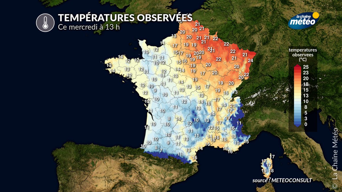 🌡️ Les températures font le grand écart avec un ressenti estival😎 en plaine d'Alsace avec 24°C à #Strasbourg contre 10°C à #Bordeaux et #Biarritz où l'ambiance ressemble plus à l'hiver🥶, ce qui explique la virulence des #orages⚡️ prévus sur les régions centrales et du nord ce…