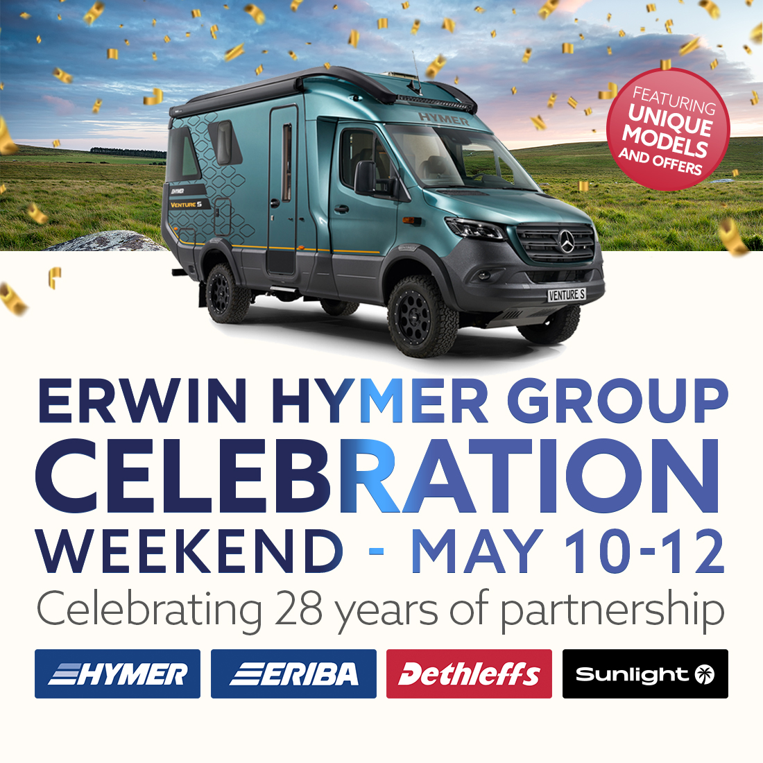 🎉 Join us at our Erwin Hymer Group Celebration Weekend 10-12 May! 🎉

We're showcasing leisure vehicles by Hymer, Eriba, Dethleffs, and Sunlight from 10-12 May, to celebrate 28 years of partnership with the Erwin Hymer Group. ✨🤝✨

Find out more at > lowdhams.com/hymer-group-sh…