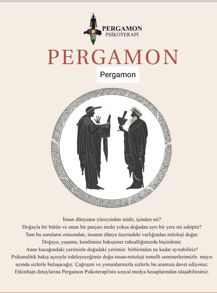 Psikanalitik bakış açısıyla irdeleyeceğimiz doğa-insan-mitoloji temelli seminerlerimiz 6 mayısta hem merkez hem online olarak 21.00 başlayarak 5 oturum şeklinde olacaktır.
Konuşmacı olarak katılacağım seminerin ayrıntıları 
info@pergamonpsikoterapi.com adresinden ulaşılabilir.