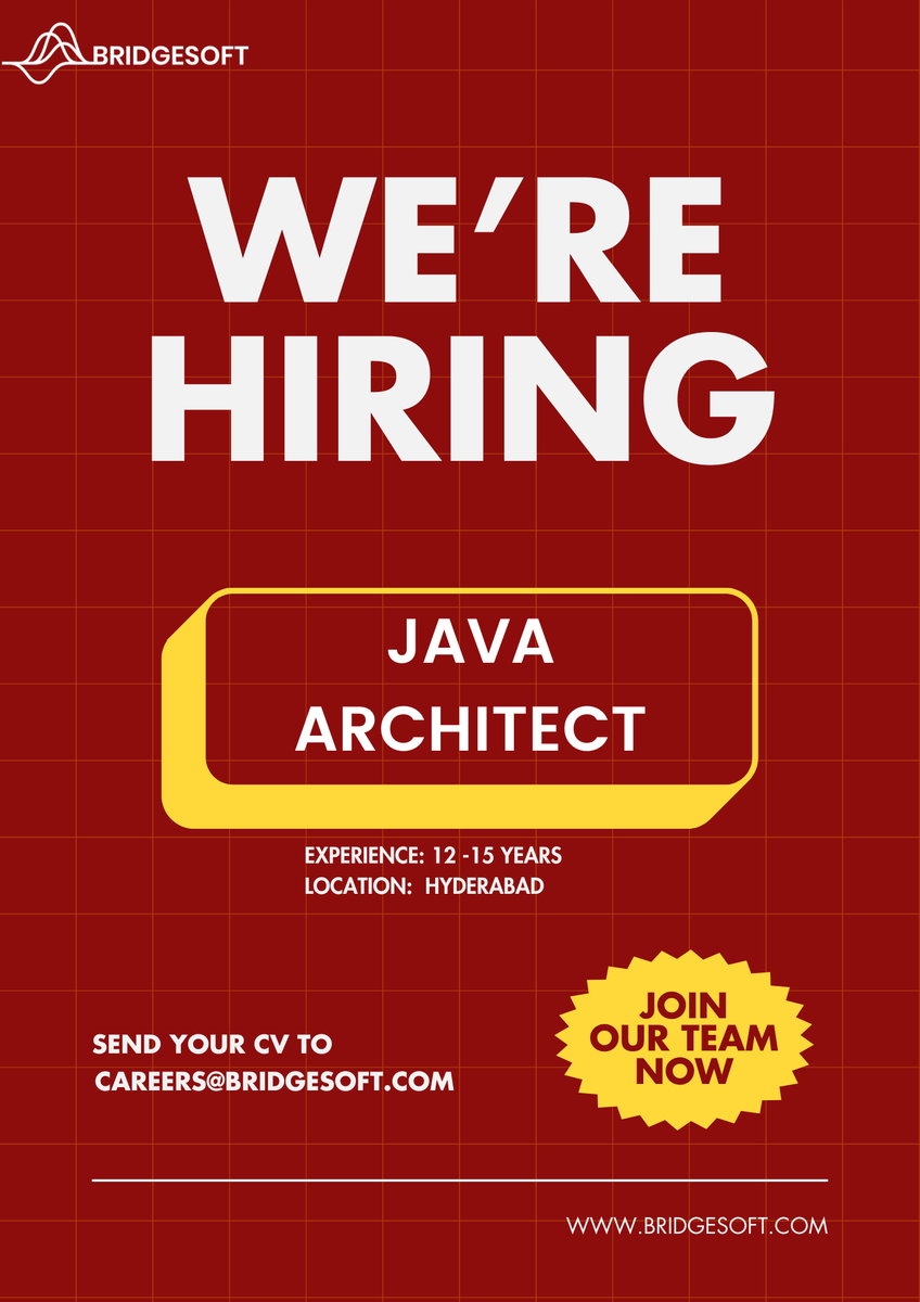 Bridgesoft seeking Java Architects with 12-15 years of experience to join our dynamic team with 5 years in the Java Development role.

Apply on the Bridgesoft website: bridgesoft.com/jobs/java-arch…

#JavaArchitect #JavaDeveloper #Bridgesoft #Hyderabad #SoftwareDevelopment