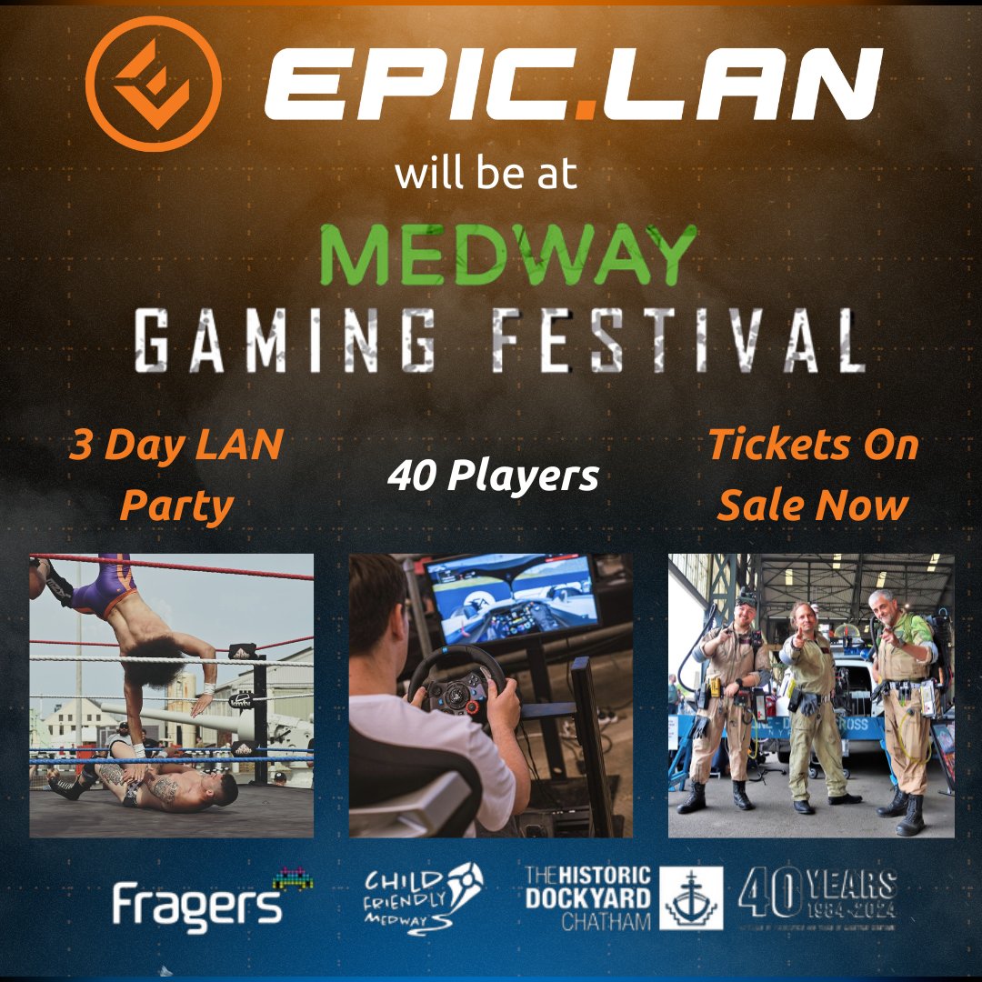 EPIC.LAN will be at #MGF24 📍The Historic Dockyard Chatham 📆14-16 June Each BYOC ticket includes weekend access to @MGF_Dockyard 🎮LAN Party 🎲Lifesize DnD 🍻Drinks 🎪Gaming Festival epiclan.co.uk/epiclan-mgf