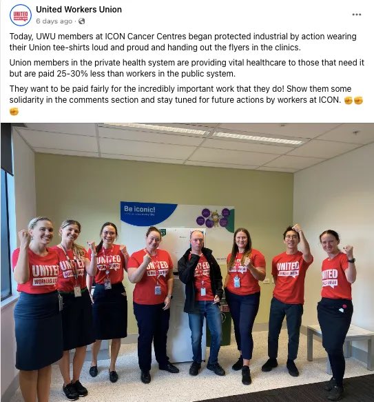 Workers at ICON Cancer Centres commenced industrial action this week. It is estimated workers at ICON earn 25-30% less than workers in the public sector. @UnitedWorkersOz members at ICON will be wearing union tshirts and handing out flyers in their workplaces. #ausunions