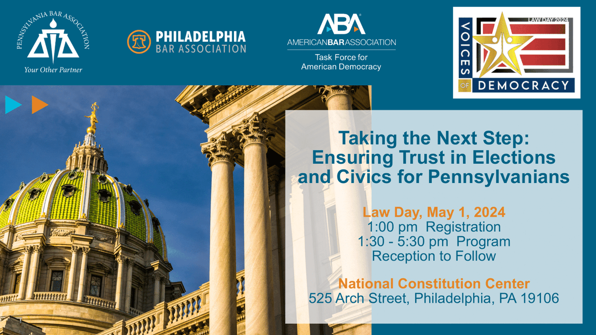 We're in Philly today for #LawDay to focus on key issues facing democracy, from civics to elections! Join us at 1:30 pm ET <a href="/ConstitutionCtr/">National Constitution Center</a> for the <a href="/ABAEsq/">American Bar Association</a>'s Task Force for American Democracy Listening Tour. 
RSVP: tinyurl.com/zv89edvx
Livestream: ambar.org/listeningtours 
#ABA