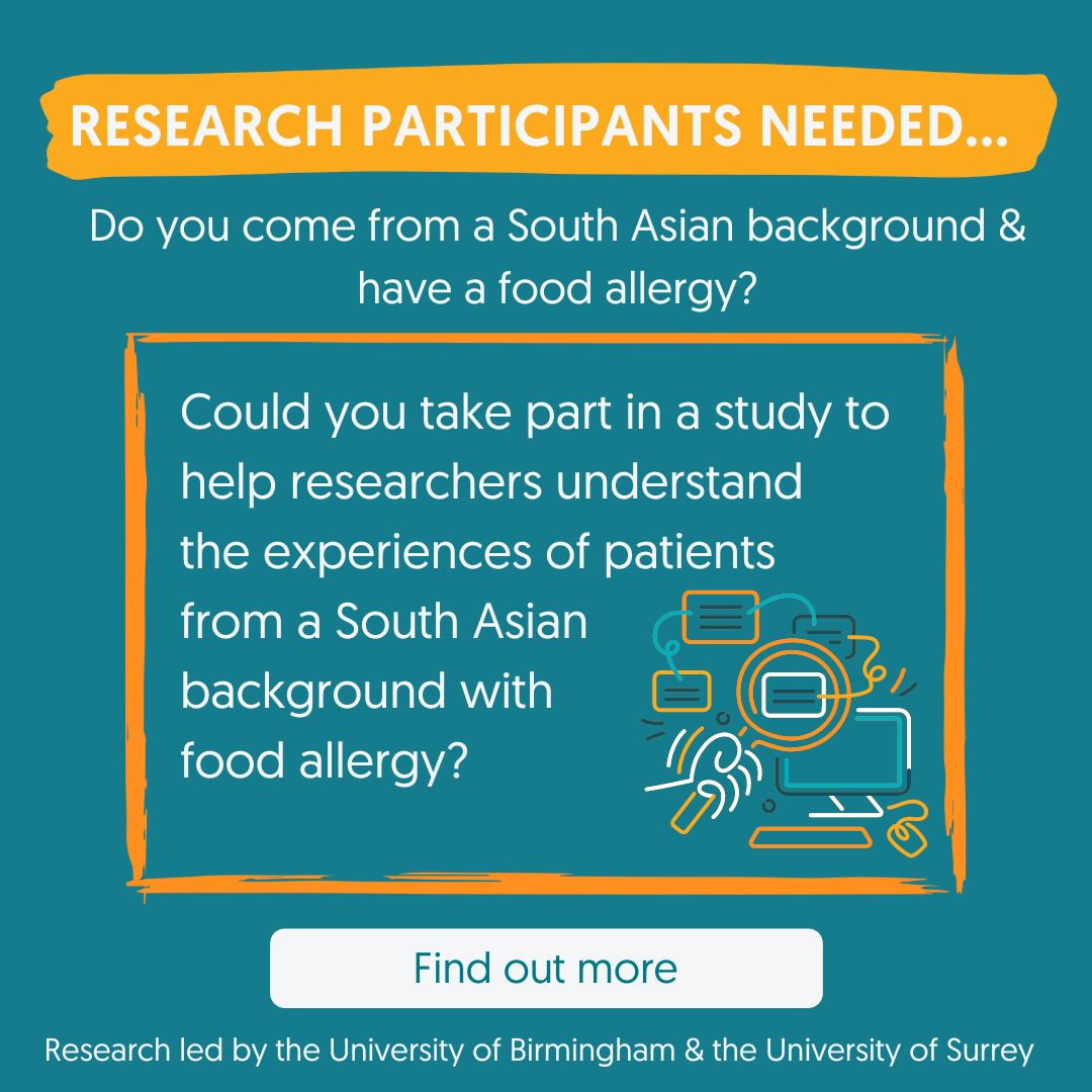 If you identify as coming from a South Asian background, researchers from the University of Birmingham and Surrey and the NHS are keen to hear about your experiences of living with food allergies. Click here for more information: ow.ly/Fh5750Rp7TO 🔍🌟