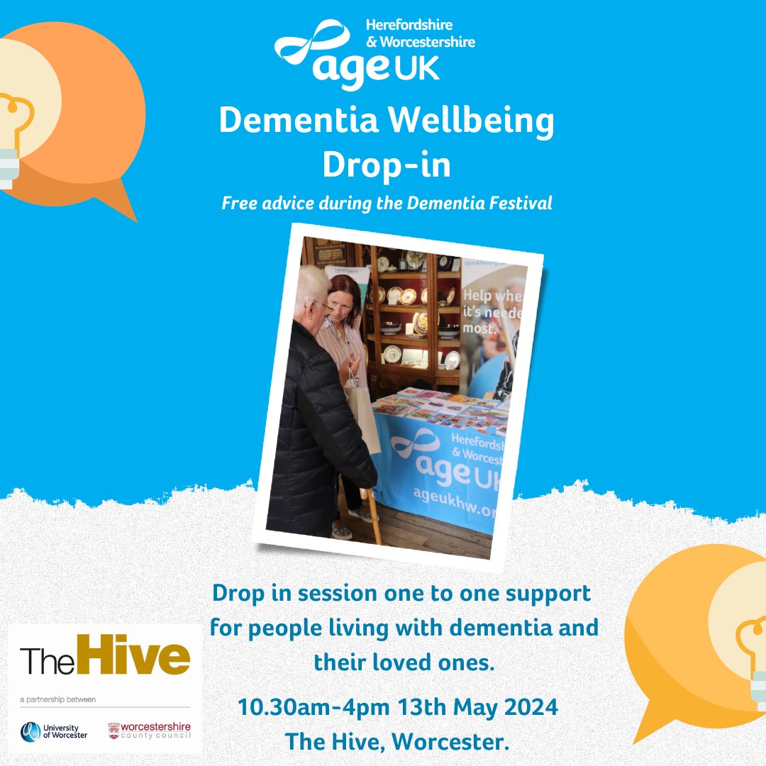 Want to learn more about our Dementia Services? Join us on 13th May from 10:30am-4pm at @TheHiveWorcs for a drop-in session with our Dementia Wellbeing Team. More information found here: bit.ly/3JwUGAt