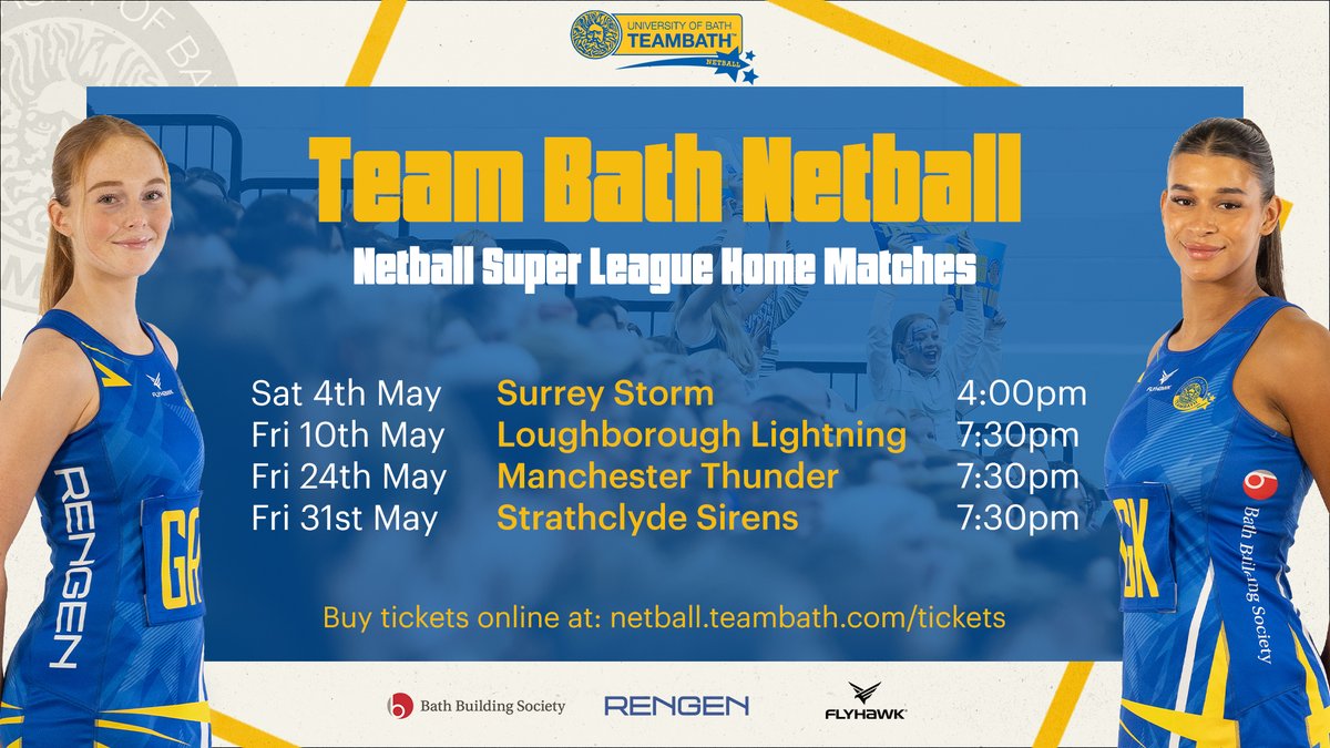 Team Bath Netball (@teambathnetball) on Twitter photo The end of the <a href="/NetballSL/">Netball Super League</a> 2024 season is drawing near and the #BlueAndGold have just four home matches left to play ๐ช
Get your tickets now โคต๏ธ
netball.teambath.com/tickets/
#Netball #NSL2024 #ForwardsAndFearless #FearlessFridays #Fixtures The end of the <a href="/NetballSL/">Netball Super League</a> 2024 season is drawing near and the #BlueAndGold have just four home matches left to play ๐ช
Get your tickets now โคต๏ธ
netball.teambath.com/tickets/
#Netball #NSL2024 #ForwardsAndFearless #FearlessFridays #Fixtures