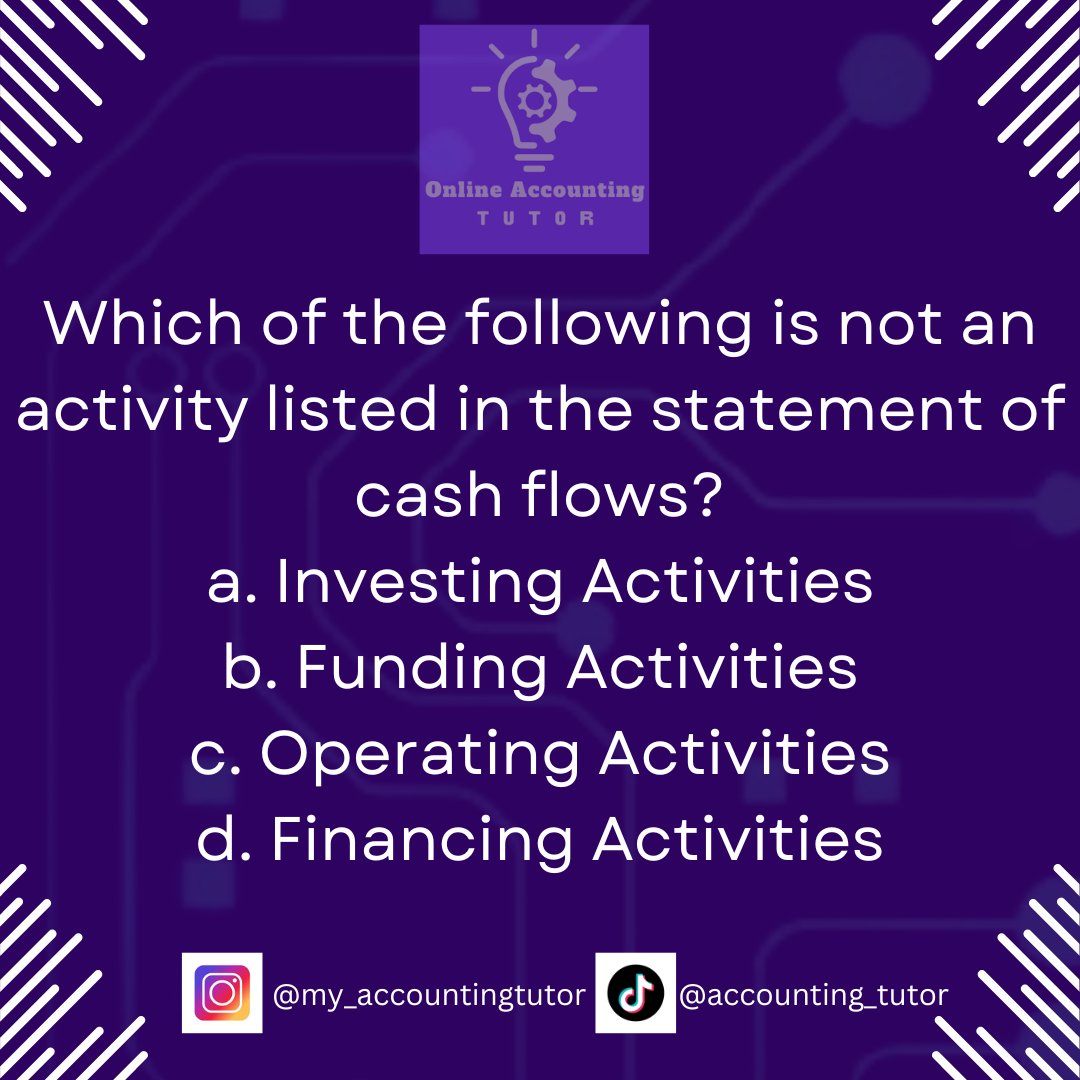 Accounting practice question
Do you know the three main categories of activities in a Cashflow statement? Check your knowledge today.

#accountingstudent #accountingtutor #college #accounting #university #myaccountingtutor #learnaccounting #studentlife