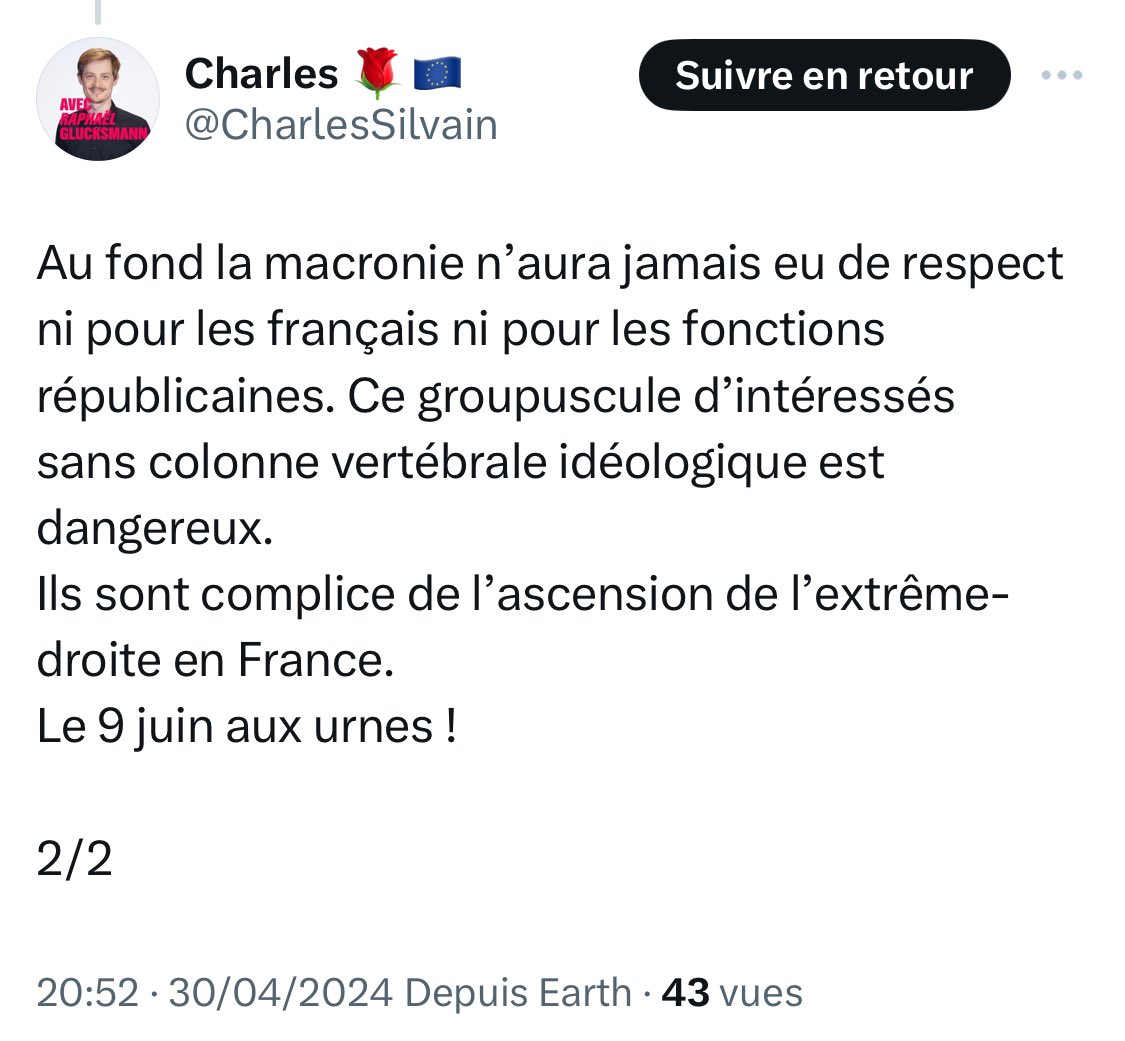 Tenir des propos aussi limités et être colistier socialiste de @rglucks1 en dit long sur les mentalités et le niveaux du @partisocialiste. Le débat européen mérite mieux que de telles turpitudes. Même R. Glucksmann mérite mieux. Il est même à se demander si ces mots ne sont pas…