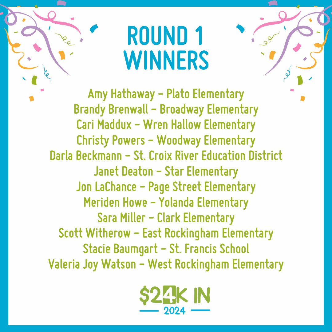 🎉 The first round $24K in '24 Giveaway Winners are here!! 🌟💸 Congratulations to our 12 winners!  😊💰 The 2nd drawing is in November! All #DailyMile schools are automatically entered to win, so signup today! 🌟  thedailymile.us/24in24