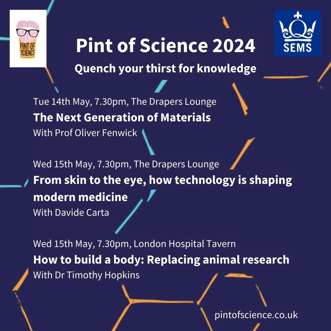 Bringing scientists and their research to your local: check out all the events @QMUL are hosting as part of @pintofscience festival. Including these three with SEMS academics. pintofscience.co.uk/organisation/q… #pintofscience #freescience #sciencefestival