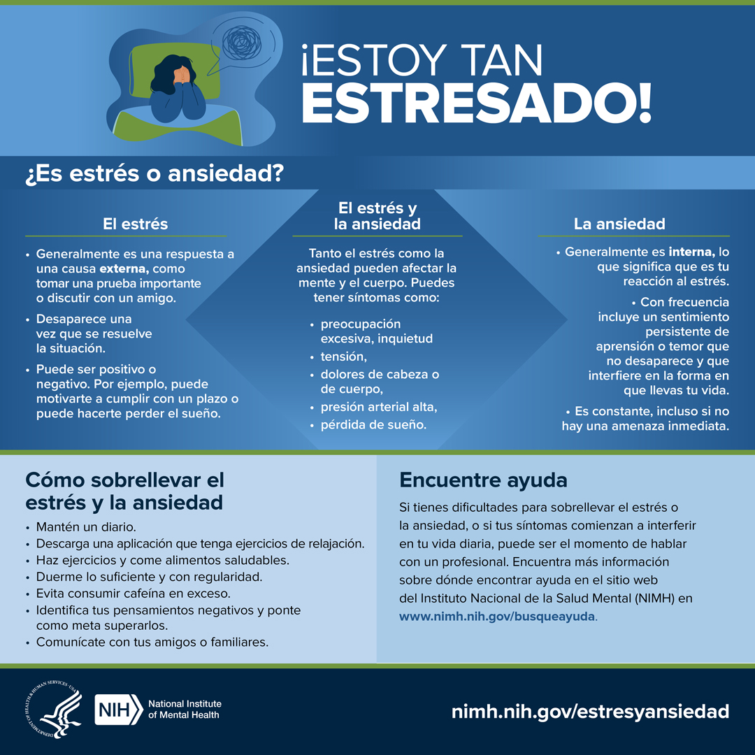 La vida puede ser estresante. Si tiene dificultad para sobrellevar la situación, o si los síntomas del estrés o la ansiedad no desaparecen, podría ver afectada su salud. Obtenga más información en go.nih.gov/oU8rxax . #shareNIMH