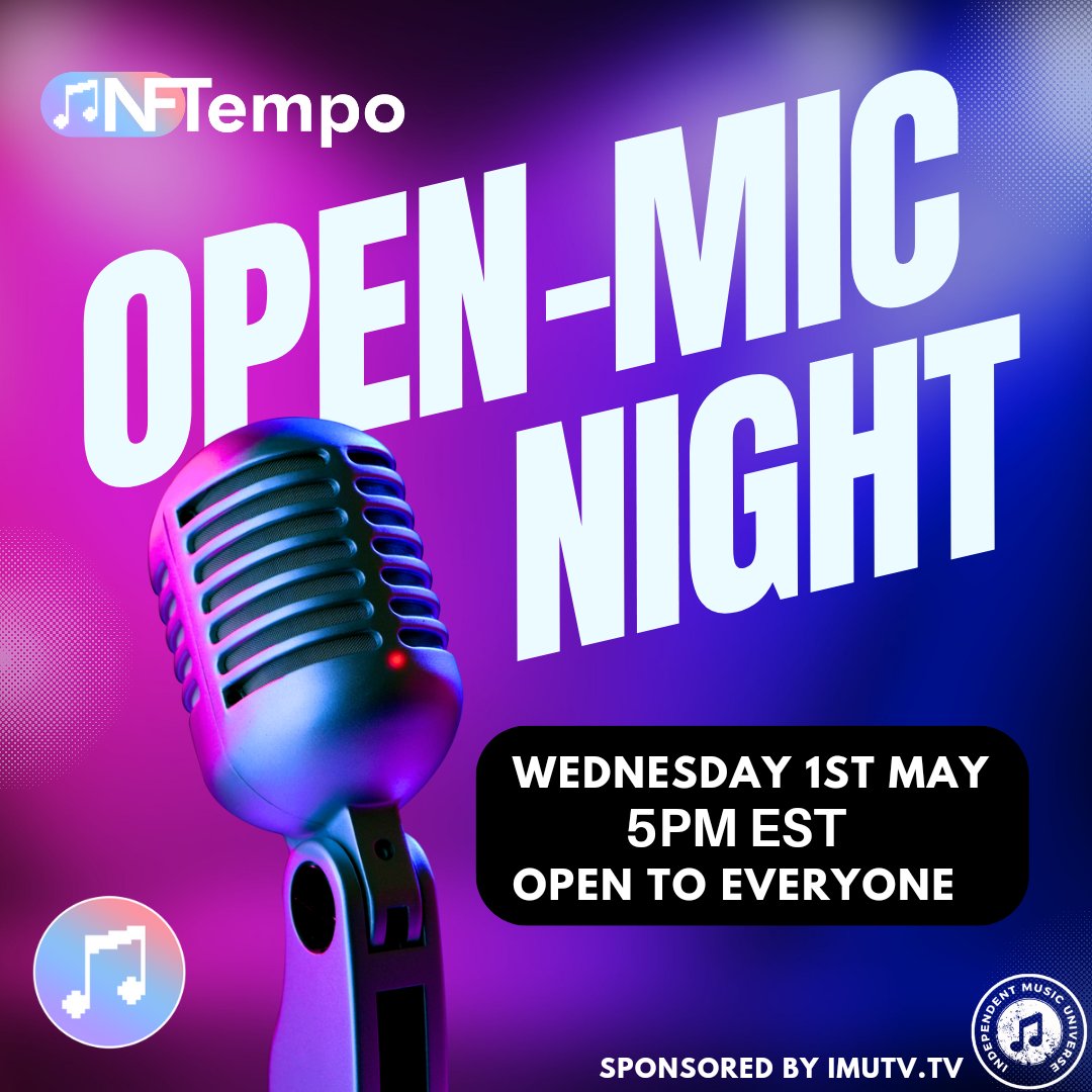 Open Mic Night 🎙️ Today - 5pm EST ⏰ Join us for a night of pure entertainment as we host an #OpenMic Night for ALL #Web3Artists 🎶 Tag some #MusicLovers & all your favourite #MusicArtists to come & share their #Music! 💃 Set Your Reminders 👇 x.com/i/spaces/1LyGB… #Web3Music