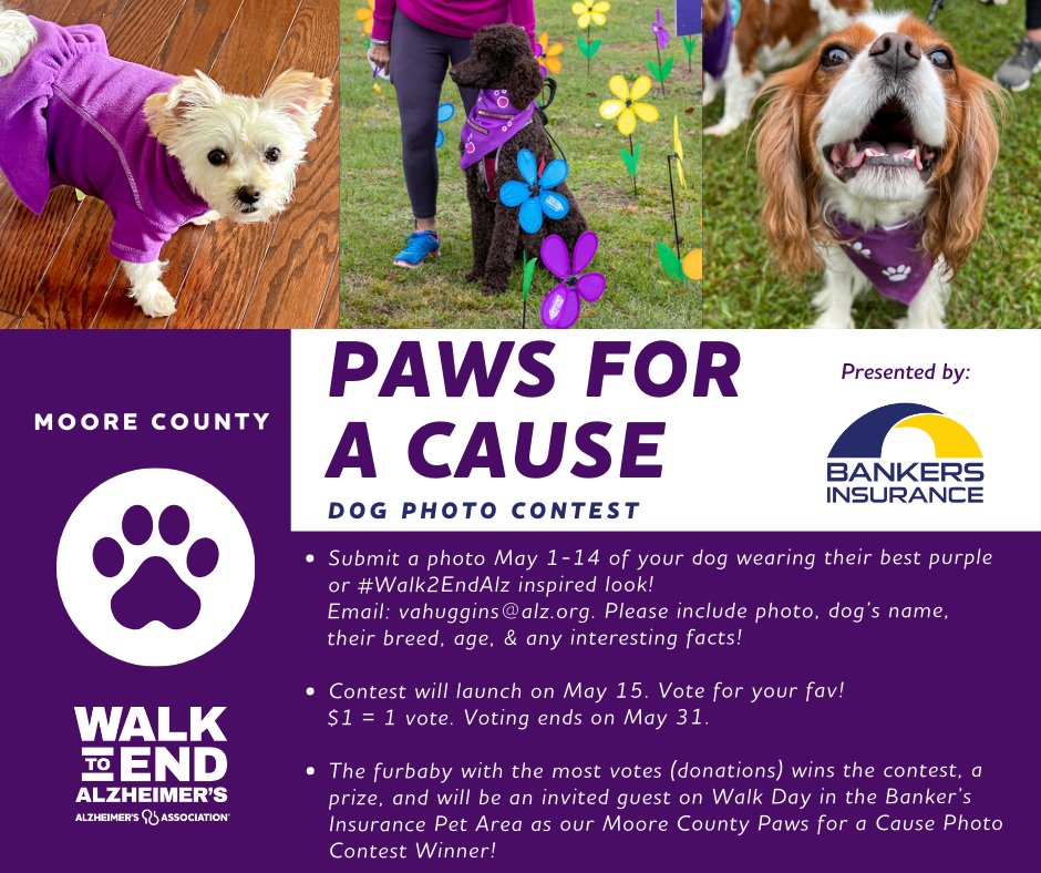 We are excited to be a part of the Moore County Walk to End Alzheimer's Paws For a Cause Dog Photo Contest! You can enter by sending a photo of your pup wearing purple to vahuggins@alz.org. Join us in supporting Alzheimer's research! 💜🐶 #BankersInsurance #Walk2EndAlz #ENDALZ