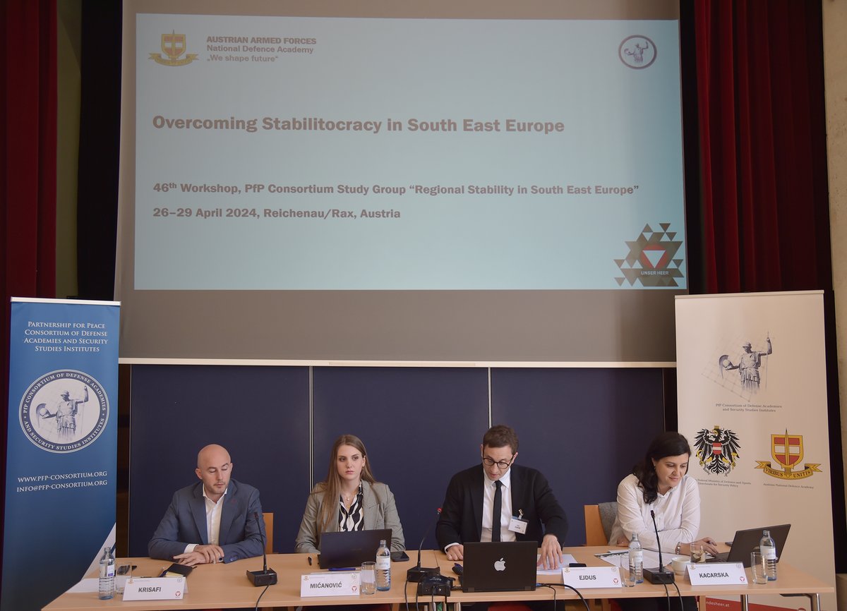 Marshall_Center's tweet photo. STABILITOCRACY. The #PfPC co-hosted the 46th RSSEE workshop w/ the Austrian National Defence Academy Apr. 26-29 in Reichenau/Rax 🇦🇹 where security professionals from over a dozen countries discussed "Overcoming Stabilitocracy in Southeast Europe," one of RSSEE's many challenges. https://t.co/qz640aHaLl