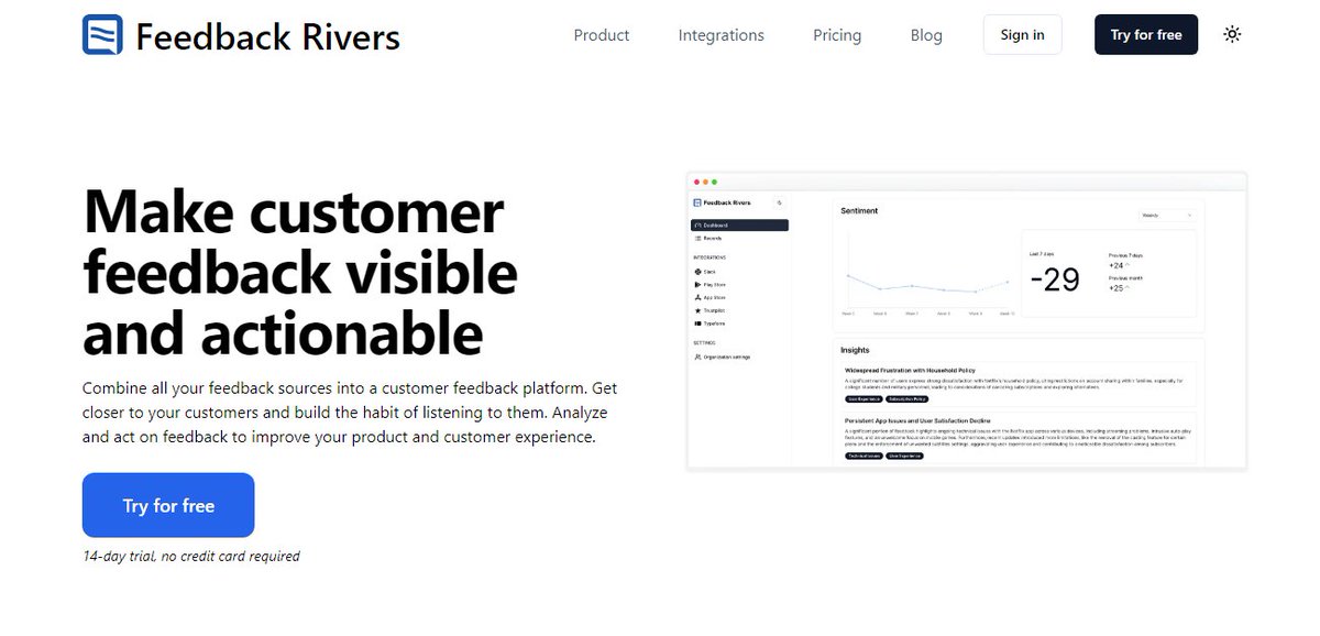 AI Tool of the Day: Feedback Rivers Feedback Rivers is an all-in-one feedback aggregator that allows you to make customer feedback visible and actionable. ai-search.io/tool/feedback-… #ai #aitools #chatGPT #GPT4 #CustomerService #CustomerSupport #CustomerSatisfaction #Customer