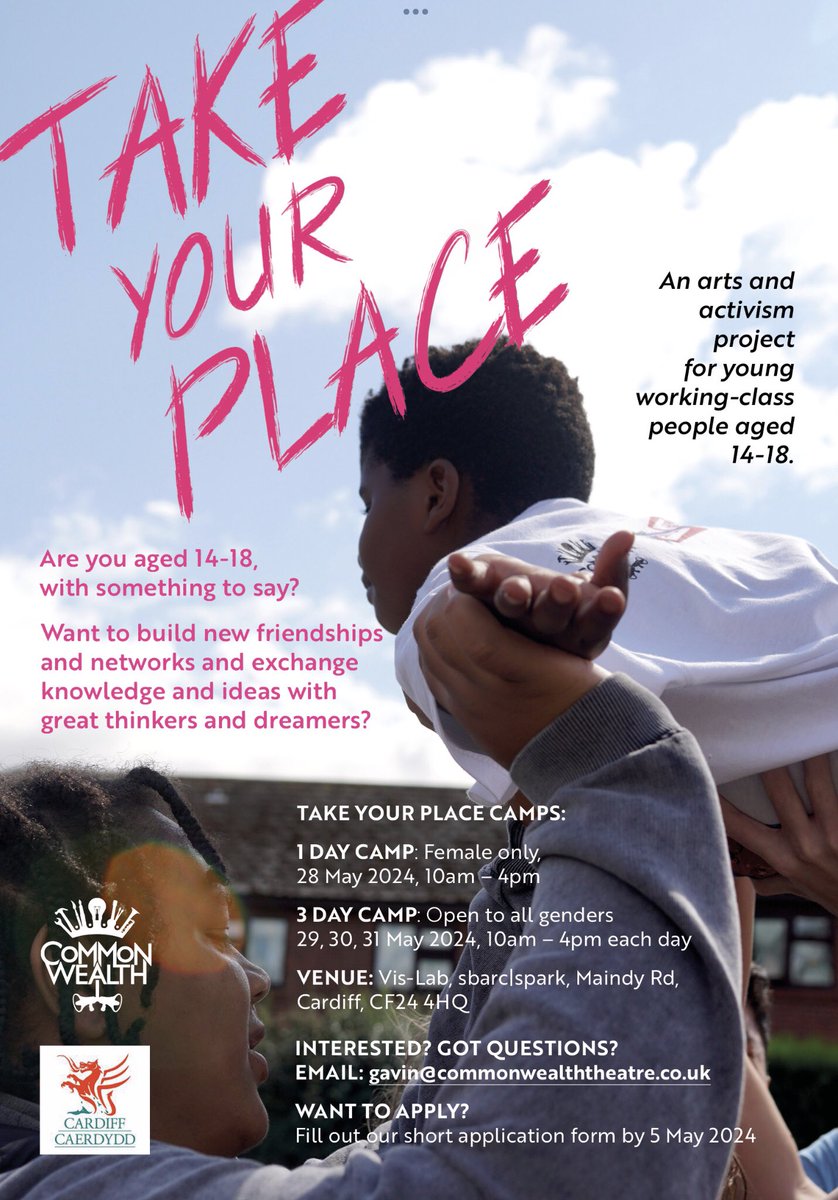 Aged 14-18? Applications are open for Take Your Place! It's a new arts and activism project for young working-class people in Cardiff who have something to say, feel frustrated about the world, and are ready to shape and build the future.