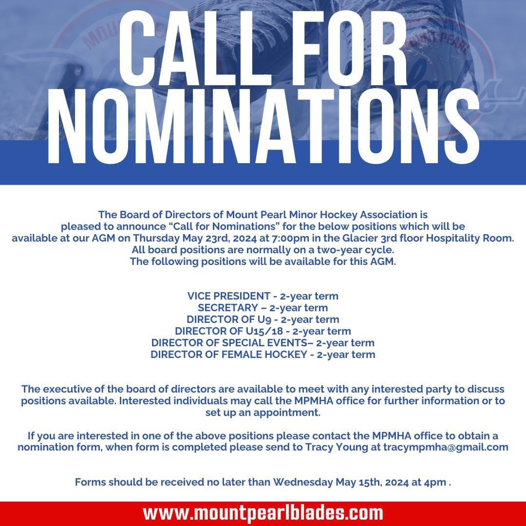 Mount Pear Minor Hockey Association call for nominations: