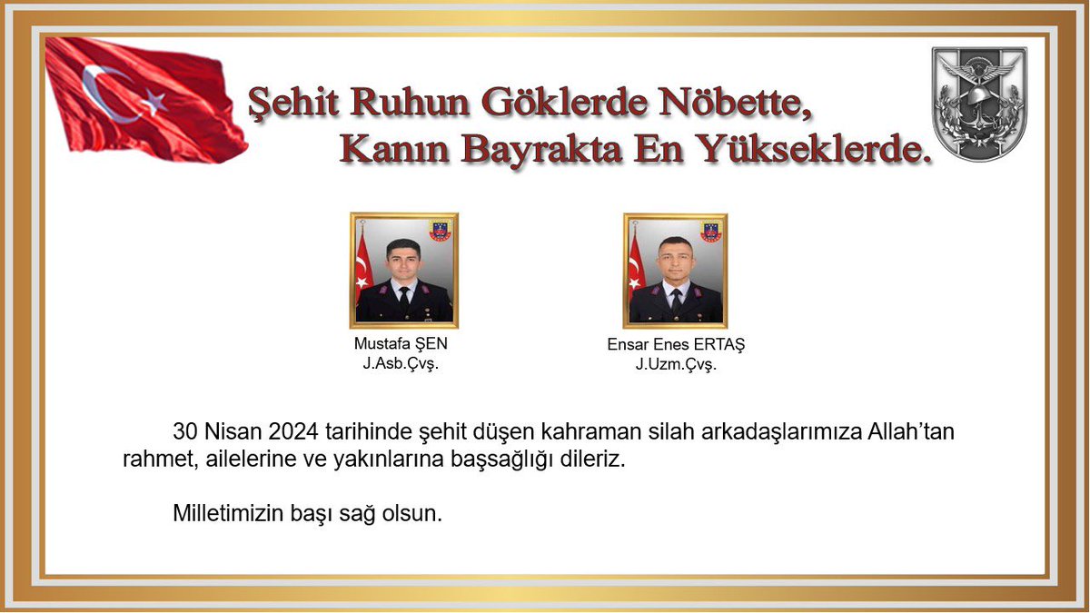 Şırnak’ta askeri aracın devrilmesi sonucu şehit düşen kahramanlarımız Mustafa Şen ve Ensar Enes Ertaş'a Allahtan rahmet, alilelerine ve Yüce Türk Milleti'ne sabır ve başsağlığı diliyoruz. Ruhları şad olsun. 🇹🇷
#ŞehitlerÖlmez
#TürkMilliHareketi
#UlusalEgemenlikHareketi