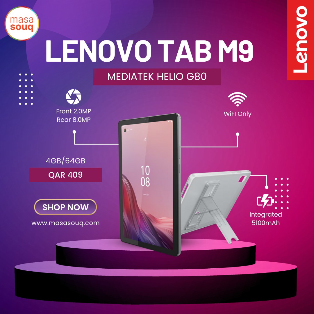 Upgrade your entertainment! ✨ The Lenovo Tab M9 with 4GB RAM and 64GB storage is the perfect all-around tablet.  Get yours now for just QAR409 👉 masasouq.com/lenovo-tab-m9-…

#Lenovo #TabM9 #tablet #entertainment #tech #masasouq