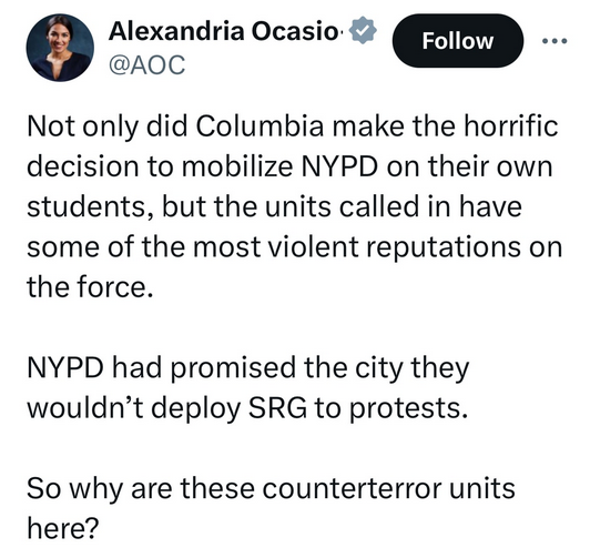 @AOC wants to know! Why would they send anti-terrorist units to remove students terrorizing Jewish students and chanting Death to America? Who should they be sending?