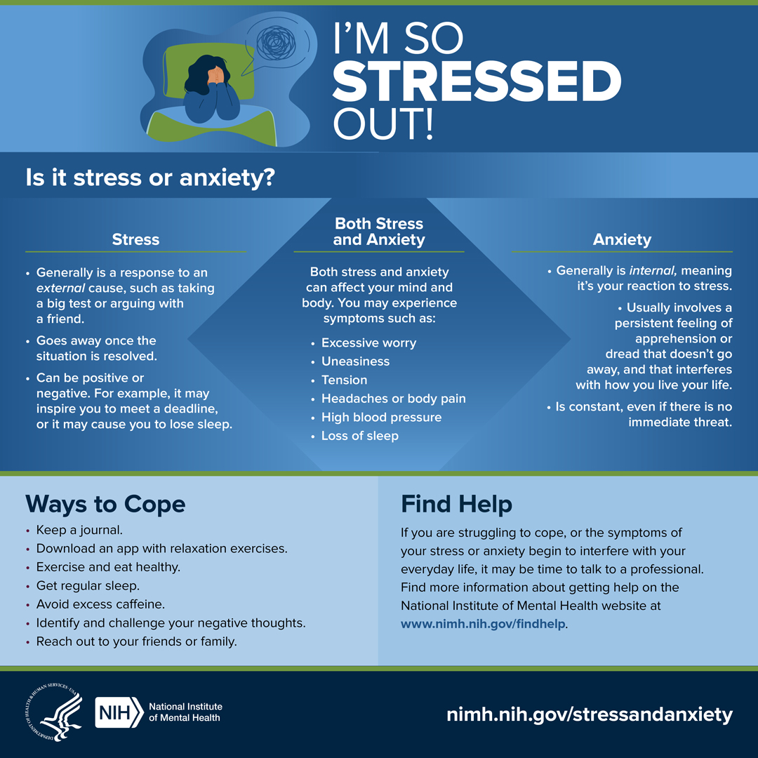 Life can be stressful. If you are struggling to cope, or the symptoms of your stress or anxiety won’t go away, it could affect your health. Learn more at go.nih.gov/HcjwFWe . #shareNIMH