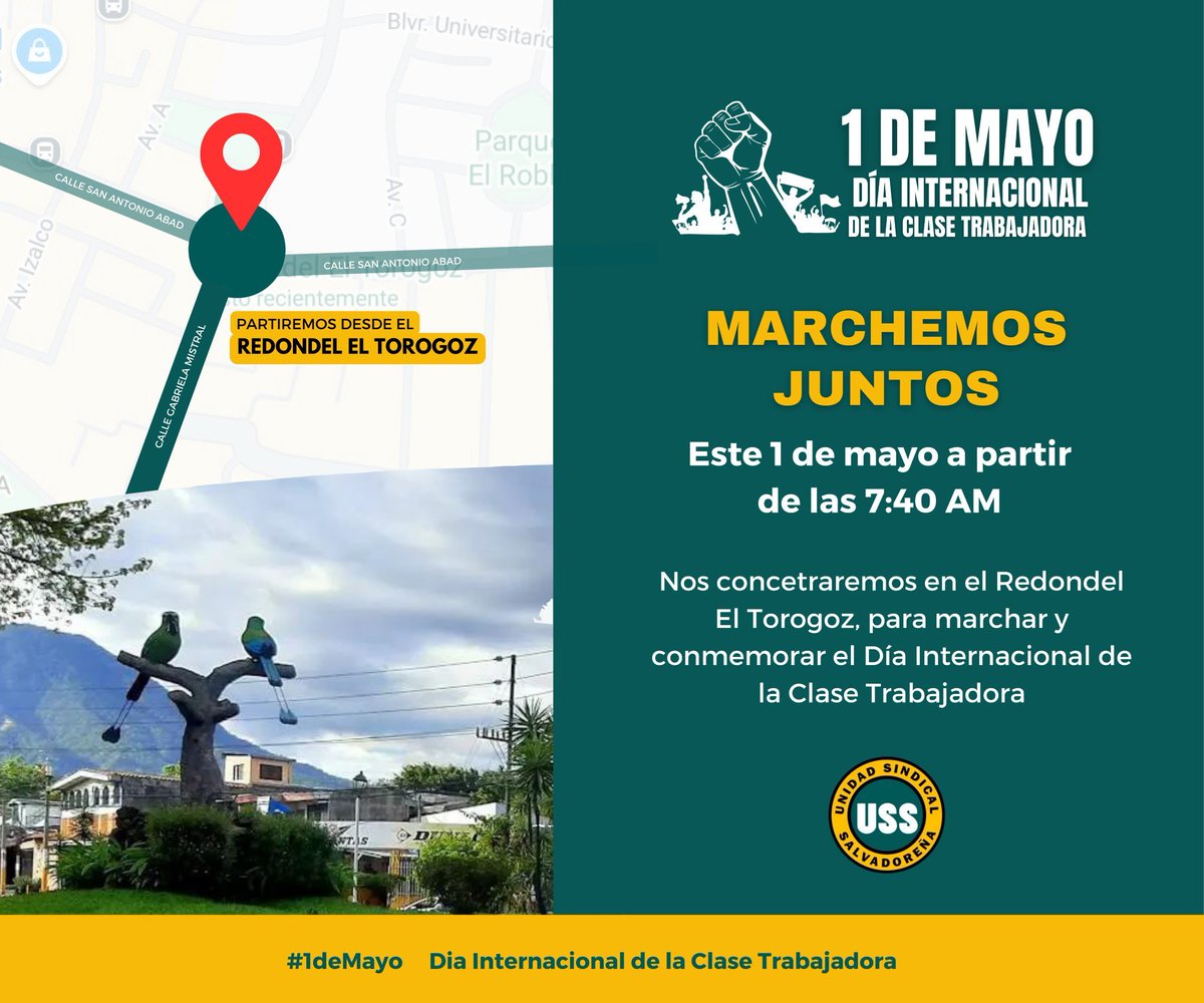 En unas horas mostraremos la fuerza de la verdadera Clase Trabajadora, tenaz y luchadora por el bienestar de la sociedad✊🏽

Te esperamos en el Redondel Torogoz para conmemorar este #1DeMayo el #DíaInternacionalDelTrabajador

#UnidosMarchamos