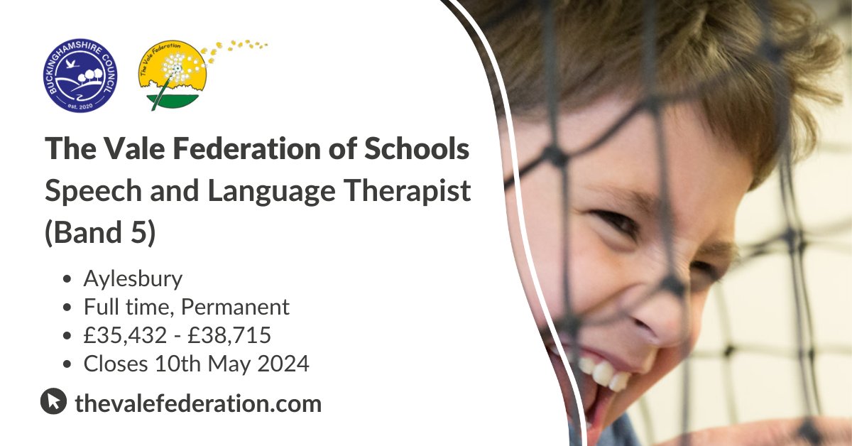 The Vale Federation of Schools seek to appoint a Speech & Language Therapist. This post will include covering communication needs and working collaboratively with teaching staff in classroom settings. More here: ow.ly/6fwz50Rtoxo 

#Speech #LanguageTherapist #JobsinSchools