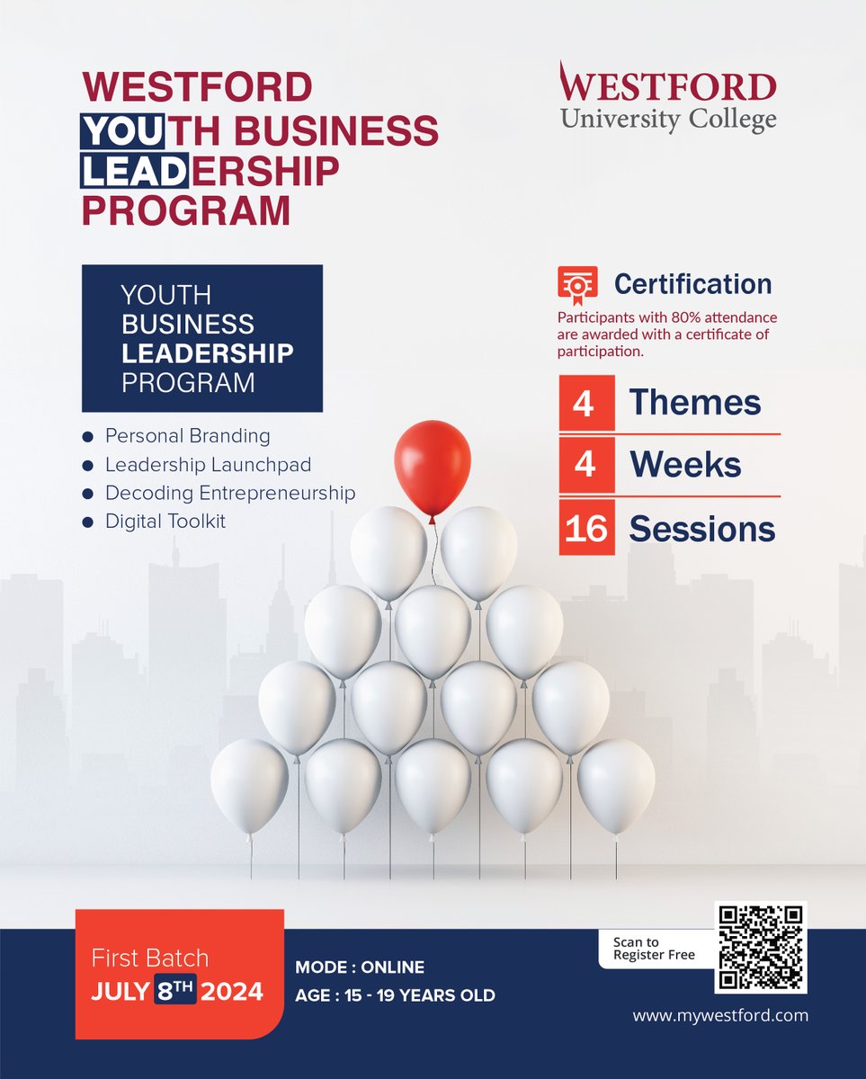 Westford University College invites you to embark on an extraordinary journey with our Youth Business Leadership Program (YBLP)! 

Don't wait – secure your place in the next generation of leaders today!  mywestford.com/youth-business…

#YBLP  #Westforduniversitycollege #Registertoday