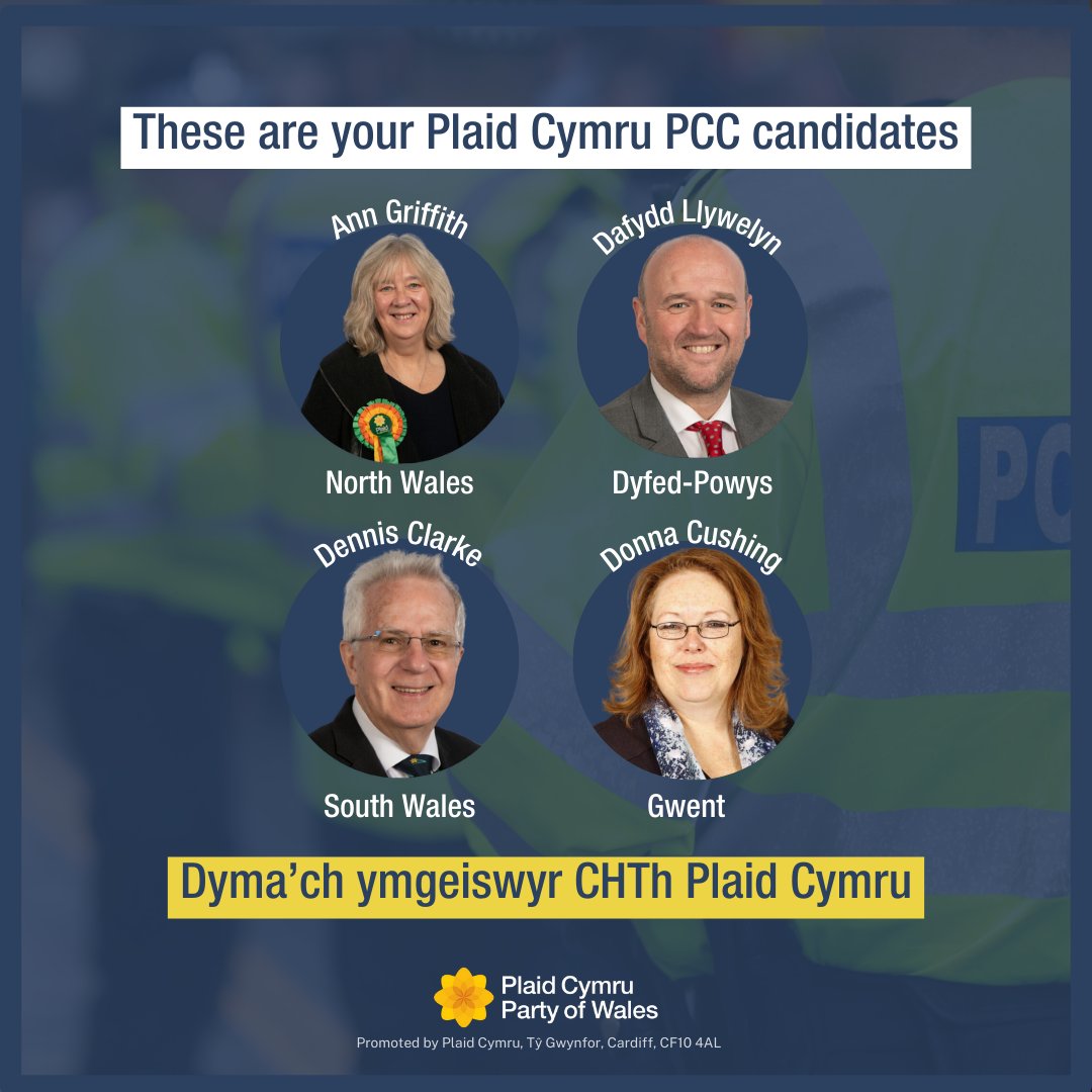 All four of our candidates are demanding funding to prevent and tackle crime, more visible policing in our communities, and more criminal justice powers for Wales 🏴󠁧󠁢󠁷󠁬󠁳󠁿

📲For our full manifesto, head to partyof.wales/policiespcc

#VotePlaid #YourVoiceMatters