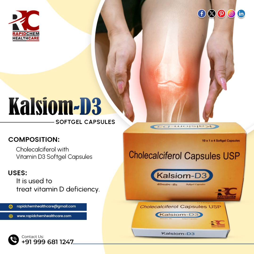 Introducing Kalsiom-D3 SOFTGEL CAPSULES by Rapidchem Healthcare
It is used to treat vitamin D deficiency.
#PCDPharmaFranchise #PCDPharma #chandigarh #pharmafranchisecompany #ISOCertified #pharma #isocertified #PharmaProducts #capsules #pharmaceuticals