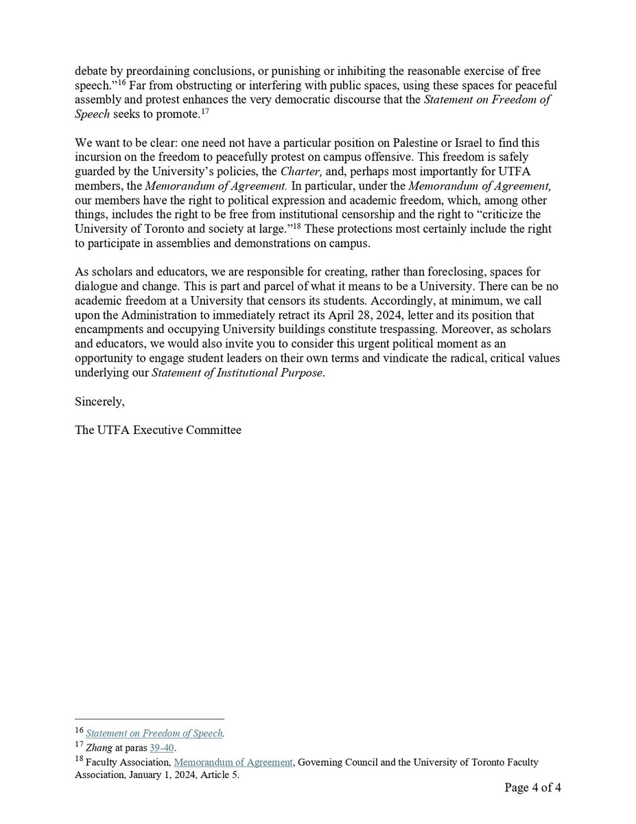 Our open letter to the @UofT President re: the preemptive banning of “unauthorized” student protests: “As scholars and educators, we are responsible for creating, rather than foreclosing, spaces for dialogue and change.' (from the UTFA Executive) utfa.org/sites/default/… 🧵1/5