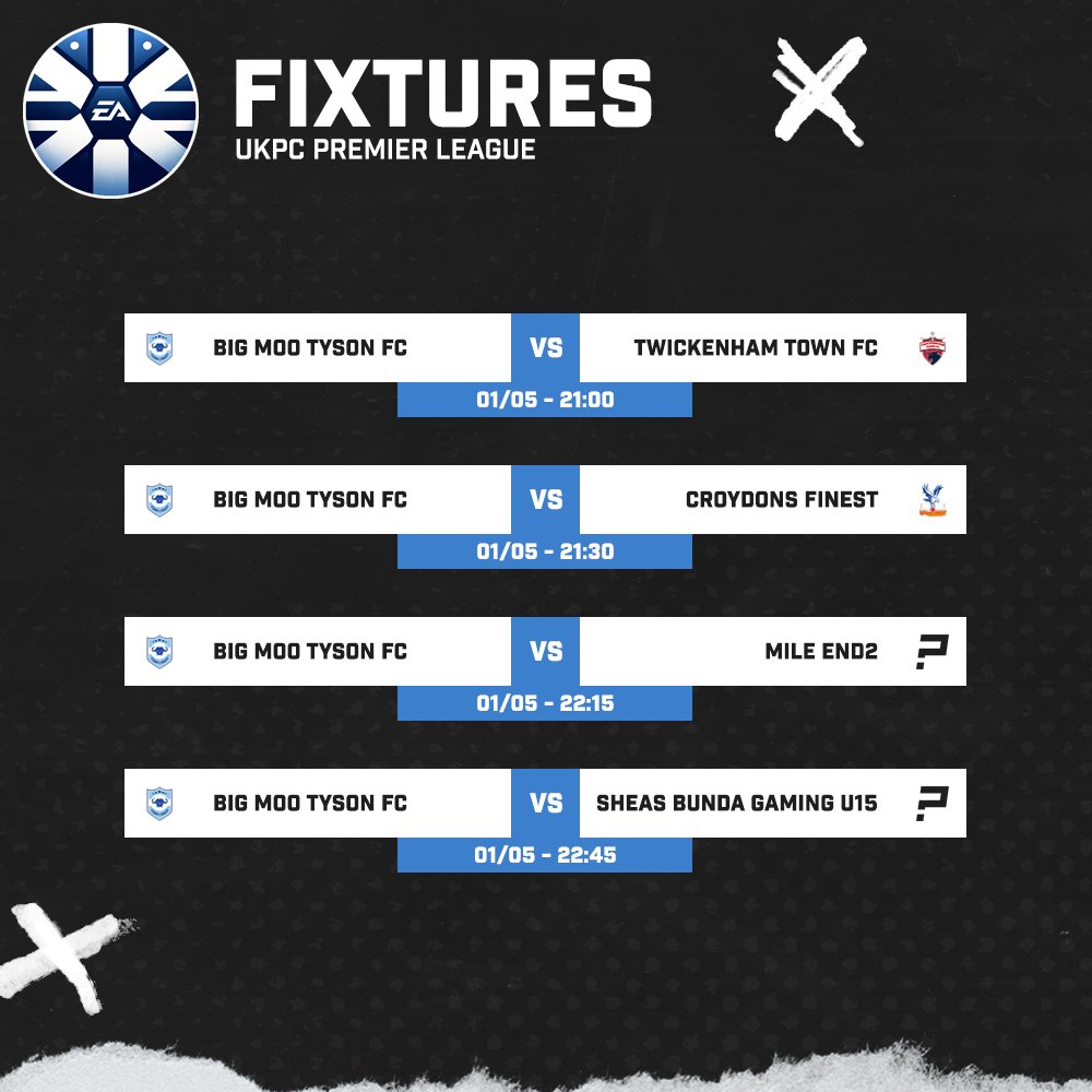 UK Pro Clubs (@ukproclubs) on Twitter photo we kick off with our opening Fixtures of the UKPC Premier League tonight, as it's the #MooPress boys that have a busy evening.
⚔️<a href="/BigMooTysonFC/">Big Moo Tyson FC</a> 🆚 <a href="/TwickenhamTwnFC/">Twickenham Town FC</a> ⚔️
⚔️<a href="/BigMooTysonFC/">Big Moo Tyson FC</a> 🆚 <a href="/CroydonFinest/">Croydons Finest</a> ⚔️
⚔️<a href="/BigMooTysonFC/">Big Moo Tyson FC</a> 🆚 #MileEnd2 ⚔️
⚔️<a href="/BigMooTysonFC/">Big Moo Tyson FC</a> 🆚 #SheasBundaGaming ⚔️ we kick off with our opening Fixtures of the UKPC Premier League tonight, as it's the #MooPress boys that have a busy evening.
⚔️<a href="/BigMooTysonFC/">Big Moo Tyson FC</a> 🆚 <a href="/TwickenhamTwnFC/">Twickenham Town FC</a> ⚔️
⚔️<a href="/BigMooTysonFC/">Big Moo Tyson FC</a> 🆚 <a href="/CroydonFinest/">Croydons Finest</a> ⚔️
⚔️<a href="/BigMooTysonFC/">Big Moo Tyson FC</a> 🆚 #MileEnd2 ⚔️
⚔️<a href="/BigMooTysonFC/">Big Moo Tyson FC</a> 🆚 #SheasBundaGaming ⚔️