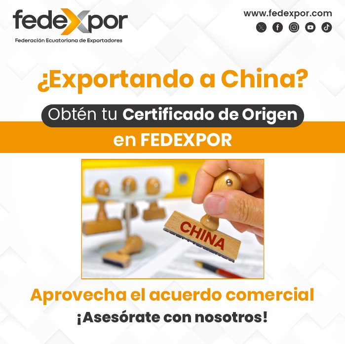 🇪🇨🤝🇨🇳A partir de HOY empezamos a emitir Certificados de Origen para exportar a #China. Utiliza este instrumento de competitividad.

¡Aprovecha el acuerdo comercial y obtén tu Certificado de Origen en FEDEXPOR!

📲Contáctanos
genriquez@fedexpor.com