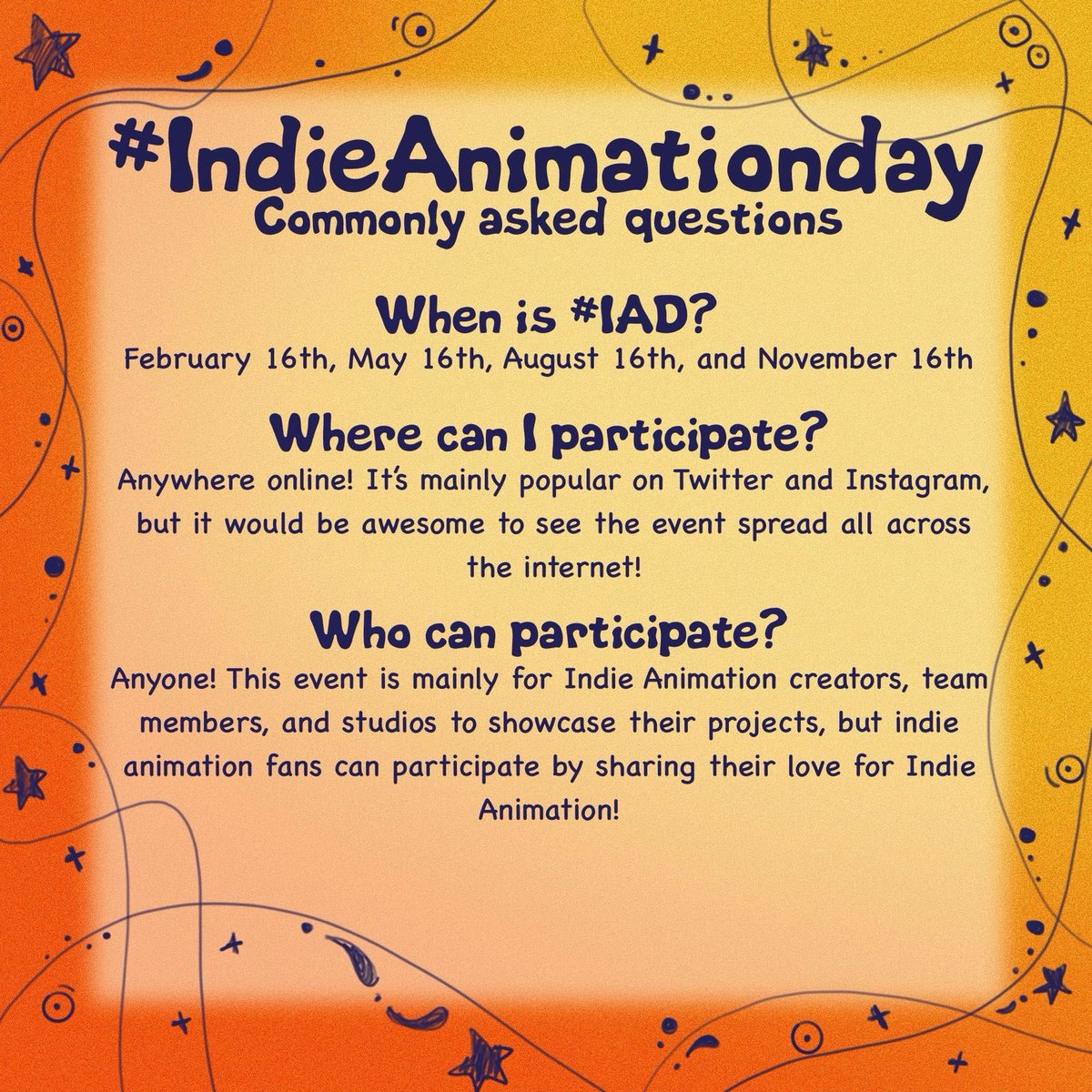 There’s really no right or wrong way to participate in #Indieanimationday, but we did compile some commonly asked questions as a suggestive guide on how to participate in IAD!! 

Next IAD is May 16th and we can’t wait to celebrate with everyone! 💛💛💛💛