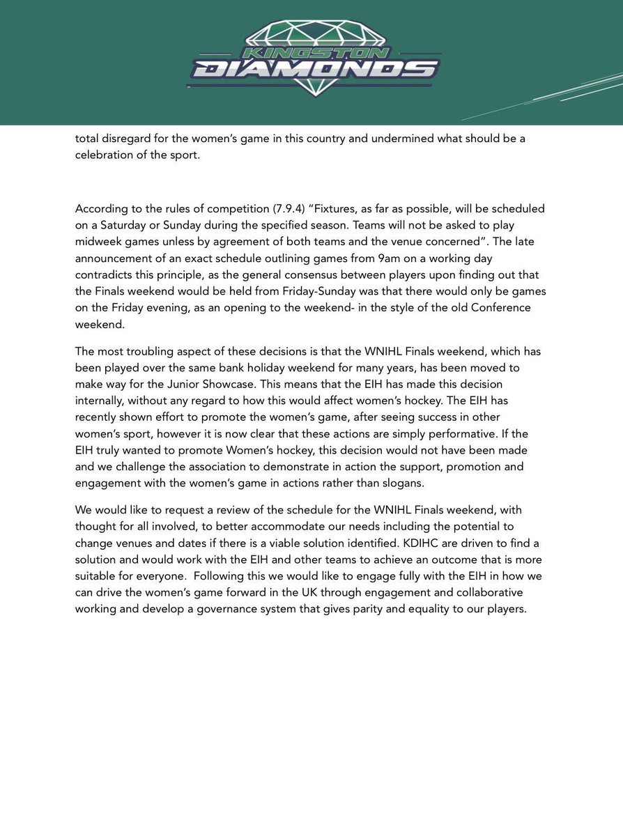 Today we have sent this open letter to the EIH to influence changes to a badly planned playoff weekend as well as long term engagement and investment in the women’s game in the UK. 

We would ask all WNIHL teams to consider taking similar action and stand unified as one.