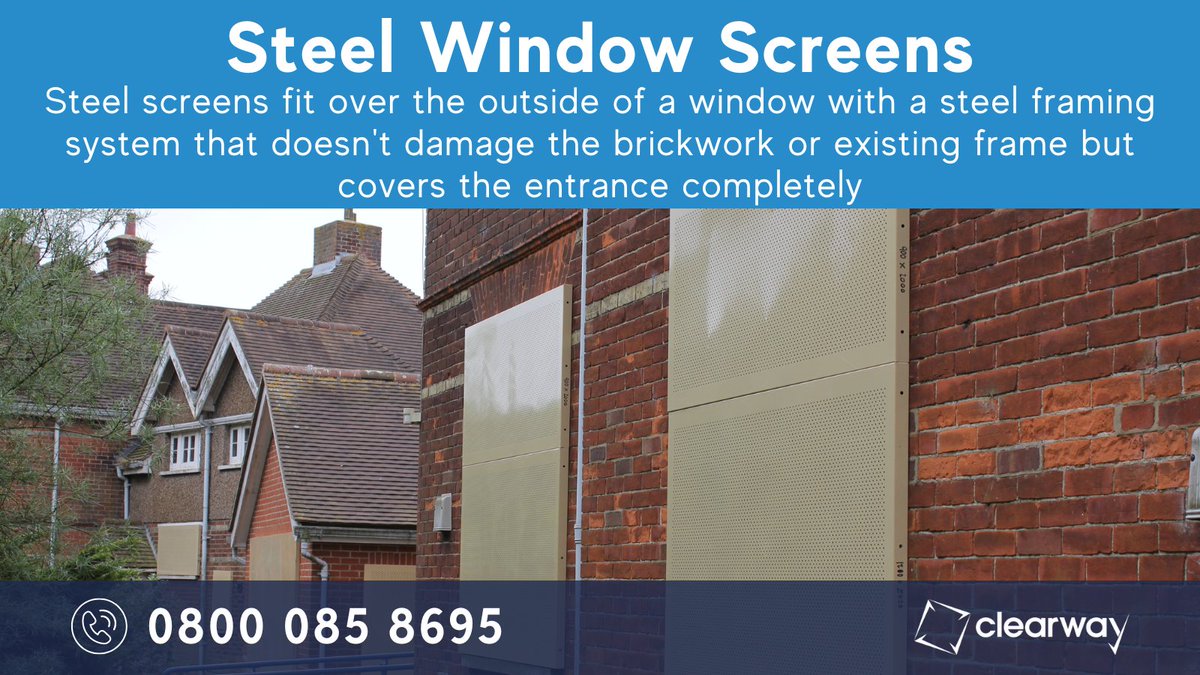 Steel screens fit over the outside of a window with a steel framing system that doesn't damage the brickwork or existing frame but covers the entrance completely.  Find out more here: ow.ly/k3Qg30sA6gR #steelscreens #security #buildingsecurity