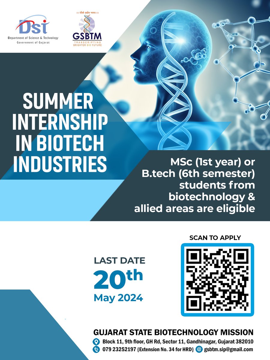 GSBTM now opens the opportunity for PG students to gain hands-on training in biotech companies and create lasting connections with industry professionals under the SUMMER INTERNSHIP IN BIOTECH INDUSTRIES-2024. Registration Link: forms.gle/aqnyxpQzLkgbv6… Last date: 20/05/2024