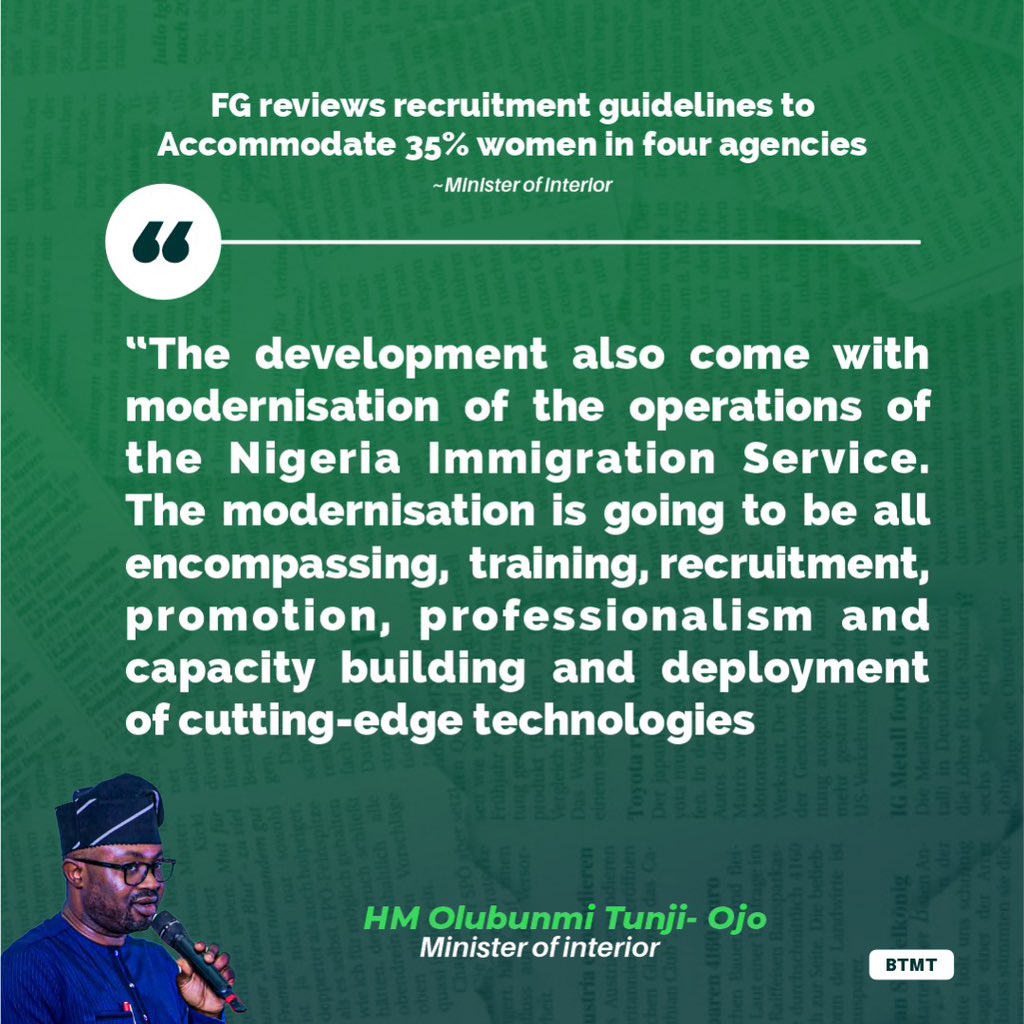 The Federal government through the Board has approved the review of the guidelines for recruitment into, and promotion in all the four Services under the Ministry of Interior- Dr. Olubunmi Tunji-Ojo 

#BTOat42 
#StarBoy