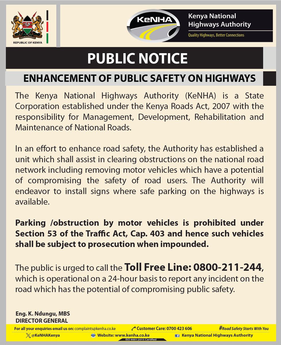 PUBLIC NOTICE: Enhancement of public safety on highways
#UsalamaBarabarani

 @NPSOfficial_KE @KeNHAKenya @TransportKE @Ma3Route